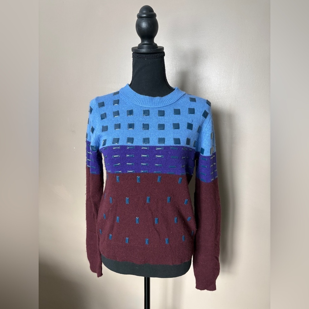 J. Crew black label color block embellished wool angora crew sweater sz S EUC